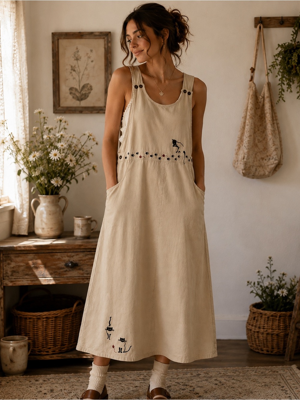 Vintage Christopher & Banks Embroidered Cotton Cat Jumper Dress — Medium